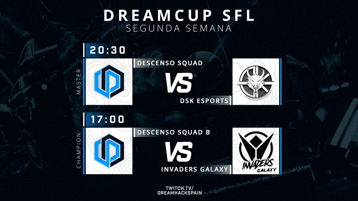 📆¡PARTIDO!

¡Coged palomitas que hoy es sábado de SFL y veremos a ambas squads darlo todo!
¿Estáis listos?😏

🏆@DreamcupSFL

⏰ 17:00
🆚<a href="/InvadersOficial/">Team Invaders 🛸</a>

⏰20:00
🆚<a href="/DSKeSportsClub/">DSK Esports</a>

📺twitch.tv/alf_27q (Descenso B)
📺twitch.tv/dreamhackspain (Descenso A)