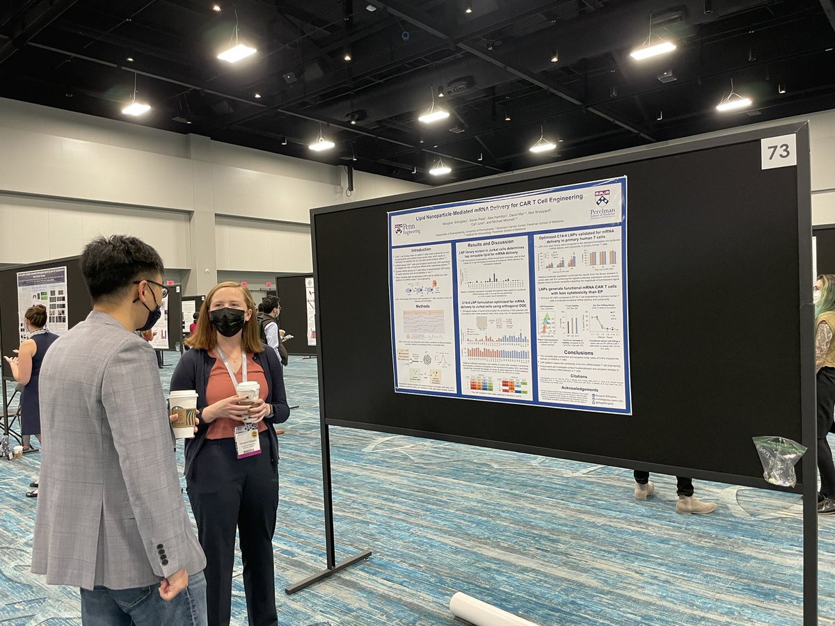 In addition to moonlighting in @WPeranteau’s lab on in utero gene therapies, @MJMitchell_Lab @pennbioeng PhD student @MagBillingsley’s day job is doing killer CAR T cell research. Check out her latest on mRNA LNPs for CAR T cell engineering at poster 73! #BMES2021 @BMESociety