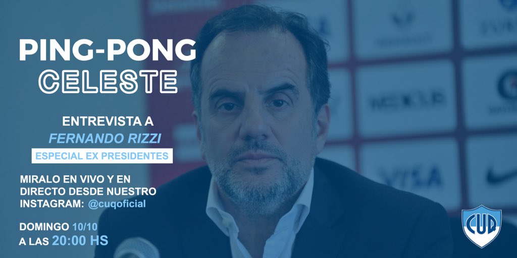 Este Domingo Ping Pong Celeste especial expresidentes del club!😀 Vamos a entrevistar a FERNANDO RIZZI! 
Súmate a este vivo imperdible! Nos vemos a las 20 hs! 

#cuqoficial #entrevista #instagramlive #quilmes #clubderugby #expresidente #rugbyargentino