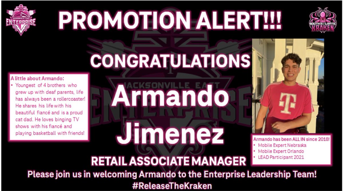 Please join and help me congratulate our very own @mandoTMO on his new role and taking his talents to Daytona Beach🏝 3 years and counting with the best company on the planet!! Your loyalty, hard work, and dedication does not go unnoticed! Super proud of you! Congrats again! 🍾🎊