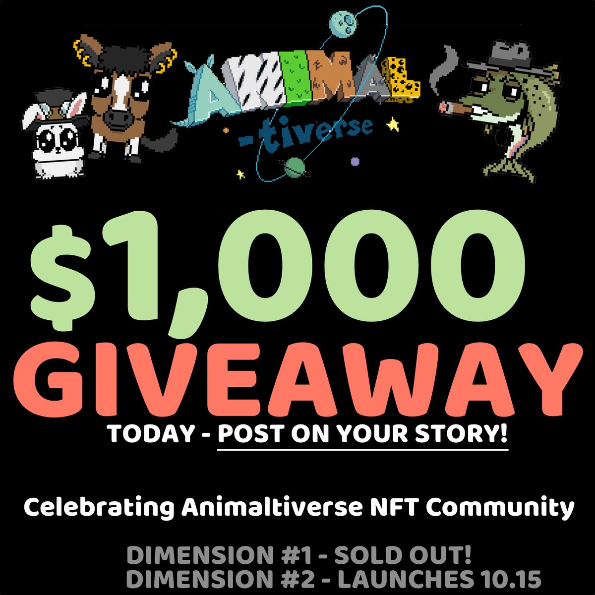 Thank you #animaltiverse community!
$1,000 Giveaway.  Today.  RT. 

- Dimension #1 = Sold out.
- Dimension #2 = Available 5/15 @ 5PM PT.
<a href="/The_HUSL/">TheHUSL</a> <a href="/SPIFFTvFilms/">SPIFF TV</a> <a href="/ForeignTeck/">Foreign Teck</a>