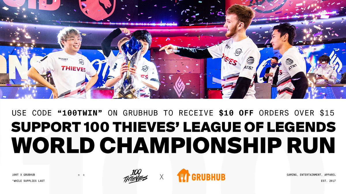 Ssumday's tweet image. Our friends at @Grubhub are offering $10 off orders of $15 or more during Group Play at #Worlds2021. Use code 100TWIN until 10/16! #GrubhubPartner
