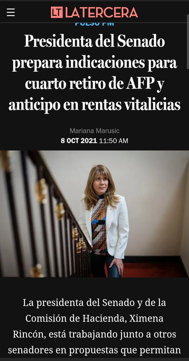 #PamelaJilesDiputada (@pamjiles) on Twitter photo El #CuartoRetiro podría votarse este martes 12 en el Senado y se aprueba. Se está demorando porque <a href="/ximerincon/">Ximena Rincón</a> DC y @LatorreJI FA (el que se puso primero q nadie la vacuna, se acuerdan?) le van a presentar indicaciones para complicar su aprobación.
Cuéntenles lo que opinan. El #CuartoRetiro podría votarse este martes 12 en el Senado y se aprueba. Se está demorando porque <a href="/ximerincon/">Ximena Rincón</a> DC y @LatorreJI FA (el que se puso primero q nadie la vacuna, se acuerdan?) le van a presentar indicaciones para complicar su aprobación.
Cuéntenles lo que opinan.