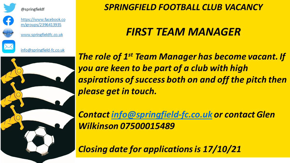 Last Call for anybody out there interested in the below Vacancy. Closing date has been bought forward to end of Sunday! <a href="/Meatesy/">jasminbrey</a> <a href="/U14Reds/">Springfield Youth U17 Reds 21/22</a> <a href="/eofl/">eofl</a> <a href="/EssexCountyFA/">Essex County FA</a> <a href="/SpringfieldFCR/">Springfield FC Reserves</a> <a href="/essexfootie/">'DW'</a>