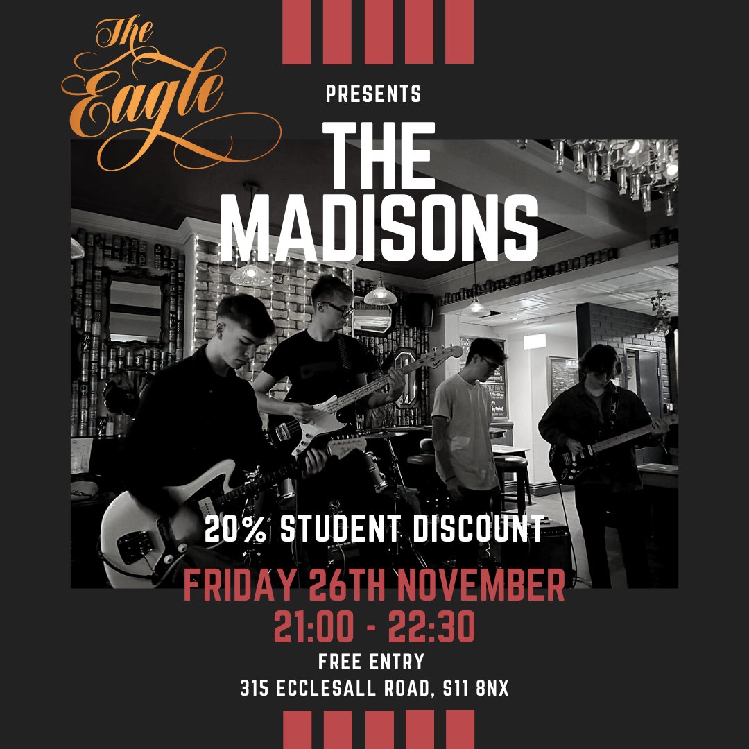 The Madisons are back 💥
Friday 26th November 9-10.30pm
Free Entry
20% Student Discount on selected drinks
#sheffieldissuper #sheffield #livemusicsheffield #studentsheffield #freshers #freshersweeksheffield #sheffieldstudents
