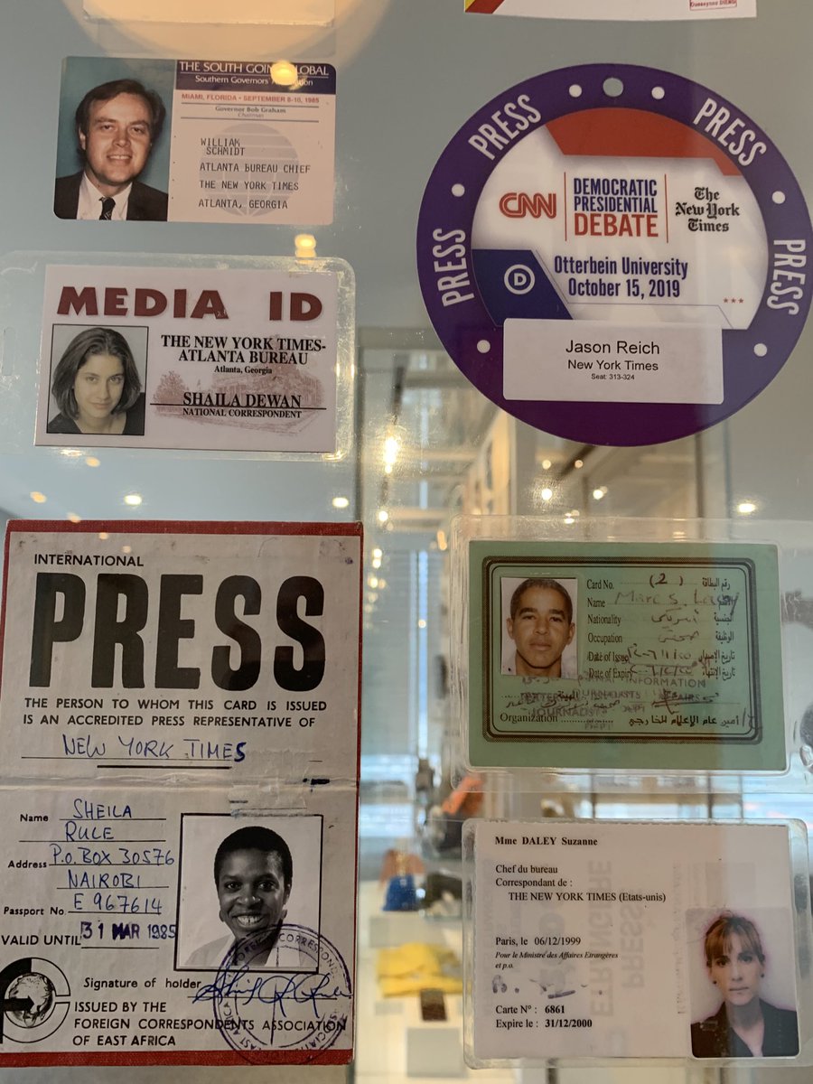 Honored to make the press pass wall at the stunning new NYT Museum on our 15th floor with these great colleagues, past and present. That green pass got me into Sudan during the Darfur crisis.