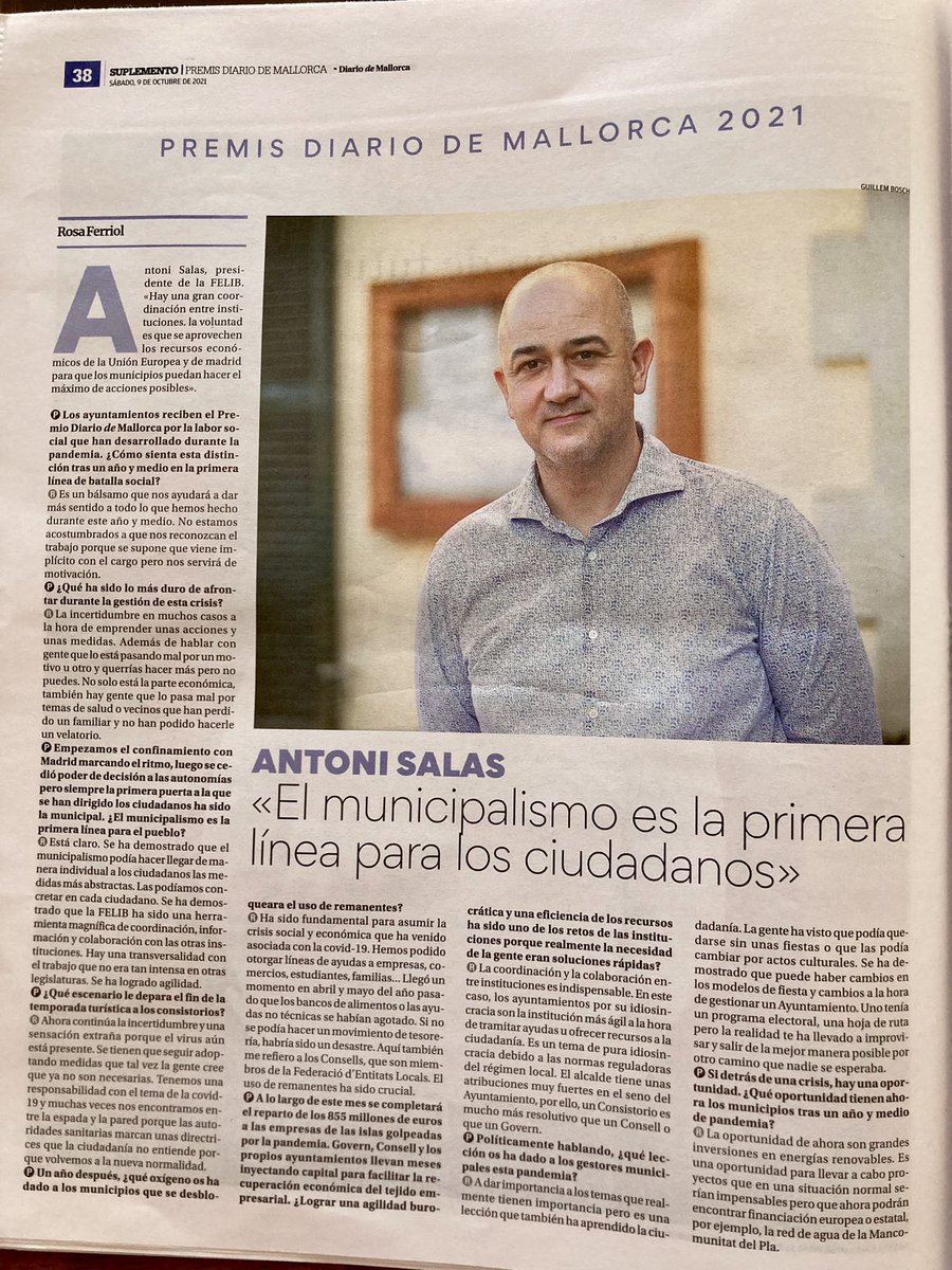 FELIB_info's tweet photo. Enhorabona al @diariomallorca per l’especial dels #PremisDM21, 
aquí deixam les pàgines del president de la FELIB, tot i que molts ajuntaments hi estan representats, molt recomanable 👌🏻 https://t.co/1mGji6dc9c
