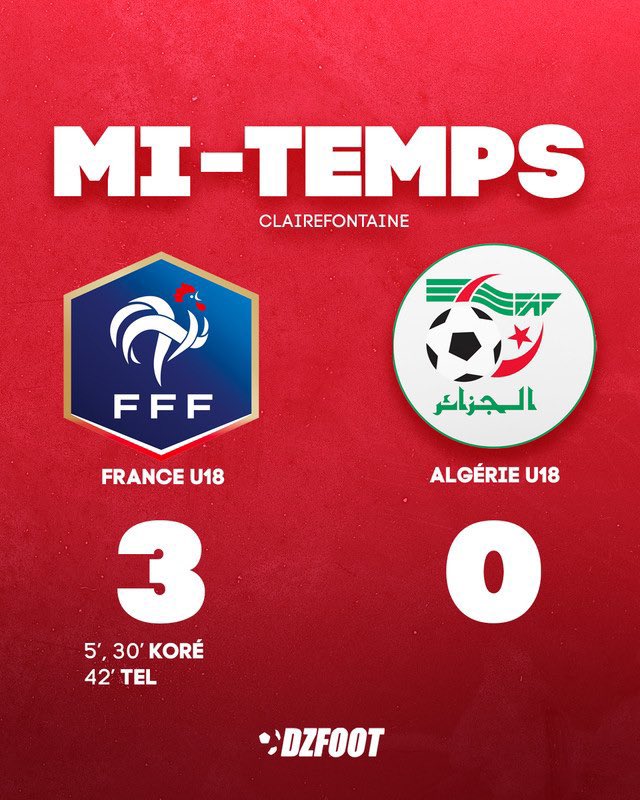 DZfoot's tweet photo. 🇫🇷🇩🇿 Mi-temps à Clairefontaine ! La France mène 3️⃣ - 0️⃣ sur un scénario de match où @LesVerts auront commis deux erreurs de placement sur des coups de pied arrêtés #TeamDZ #FRAALG https://t.co/tDWoQGWmZO
