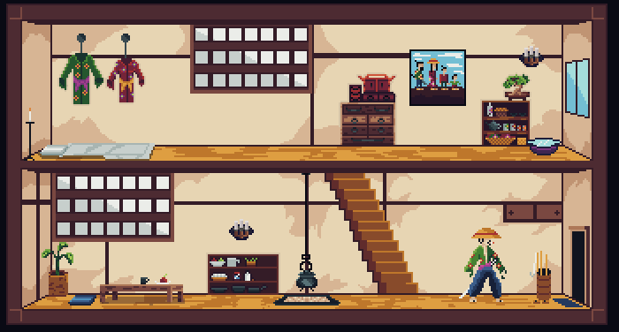 ApologueGame's tweet photo. Environmental storytelling is an important part of Apologue. What can you learn about our protagonist just by looking at his house? #Apologue #indiegame  #indiegamedev #screenshotsaturday #gamedev #pixelart #interior #japan #aseprite #madewithunity #2dgame #sidescroller https://t.co/p8KwhjTuZ3