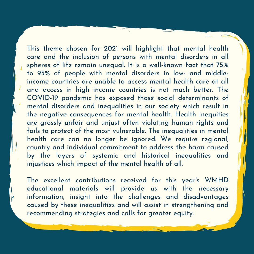 We are thrilled to share the message from the Hon’ble President of World Federation for Mental Health, Dr. Ingrid Daniels, as she talks about the WMHD official theme 2021 - Mental Health in an Unequal World. Swipe to read the entire message wmhd2021.com