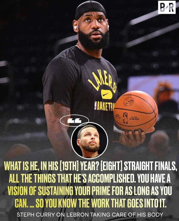 BleacherReport's tweet photo. Steph understands what it takes for LeBron to stay in his prime 💪 https://t.co/pMom7KtodD