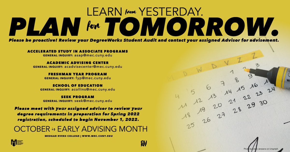 NewsatMedgar's tweet photo. Winter/Spring 2022 registration is scheduled to begin on November 1, 2021.

Now is the time to prepare! 

1️⃣Review your Degree Works Student Audit.
2️⃣Meet with your assigned advisor to review your degree requirements.
3️⃣Select your classes. 

#MECSuccess https://t.co/wRiU6gIHjQ