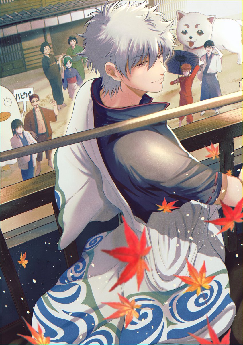 kagura (gintama) ,sakata gintoki japanese clothes kimono multiple boys dog leaf smile hadanugi dousa  illustration images