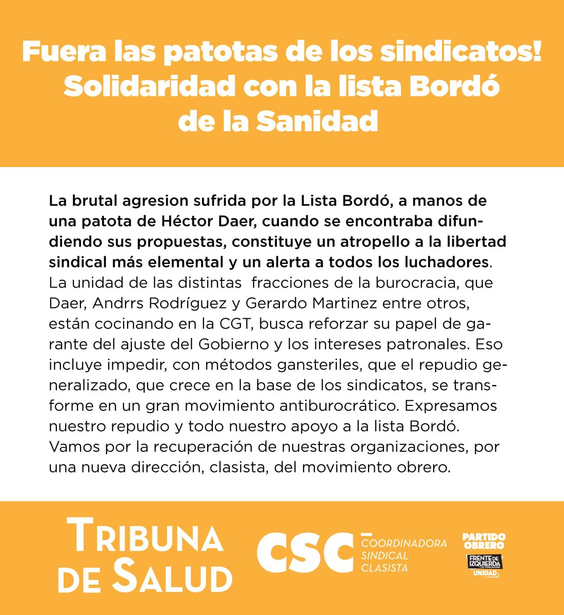 Todo el apoyo a la lista Bordo de Sanidad ante el ataque sufrido en manos de la  patota sindical de Daer. Fuera la burocracia sindical, por una nueva dirección en los sindicatos!