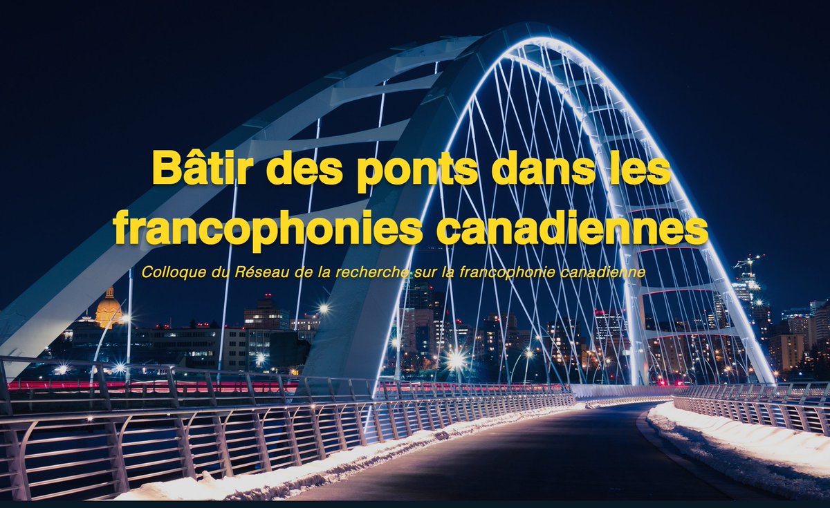 AJVilleneuve's tweet photo. Le colloque du Réseau de la recherche sur la #frcan (@RechercheFranco) se tiendra virtuellement au @UAlbertaCSJ du 25 au 29 octobre 2021, sous le thème "#BâtirDesPonts dans les francophonies canadiennes".
https://t.co/kKrkQz7NZG
#ColloqueRRF2020 > #ColloqueRRF2021 https://t.co/5kefXvJux3