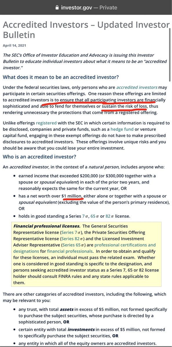 You have to be a millionaire (literally NW> $1m USD) in order to invest in startups/initial security offerings.

Only “accredited investors” can participate b/c they’re “sophisticated enough.”

But don’t worry, peasant, just download this lottery app to your phone &amp; stay quiet.