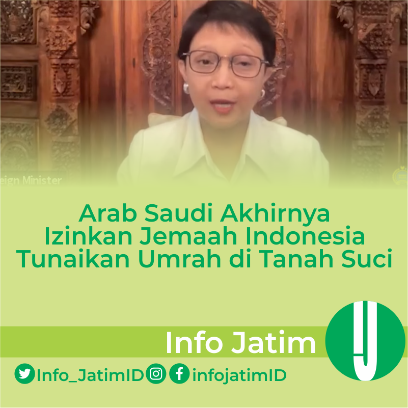 Pemerintah Kerajaan Arab Saudi akhirnya mengizinkan jemaah asal Indonesia untuk menunaikan ibadah umrah di tanah suci.

Kabar baik ini diberikan oleh Menteri Luar Negeri (Menlu) Retno Marsudi dalam siaran virtual melalui kanal Youtube MoFa Indonesia, Sabtu (9/10/2021).