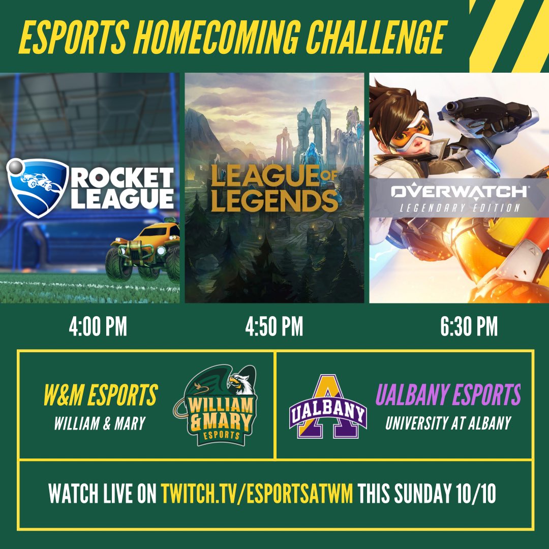 W&amp;M Esports proudly presents the 2nd William &amp; Mary Esports Homecoming Challenge! Our Rocket League, League of Legends, and Overwatch teams will be duking it out with UAlbany Esports, this Sunday, 10/10 on our own twitch channel, commentated by professional EGF casters!