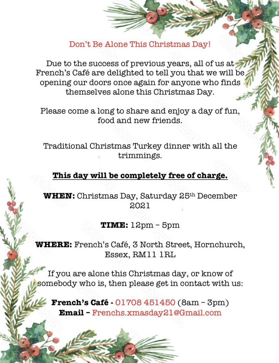 French’s Cafe in Hornchurch Essex would like to invite anyone who will be alone this Christmas Day, to spend the day with us! Please get in contact 🎄🎅✨ #frenchscafe #hornchurch #essex