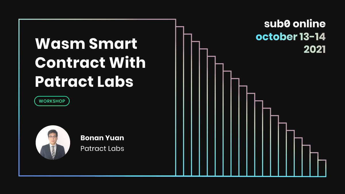 Polkadot Devs (@polkadotdevs) on Twitter photo October 13-14 don’t miss the workshop with Bonan Yuan to learn how to use <a href="/PatractLabs/">Patract|Wasm Contract Platform</a>' developer tools to facilitate the development of smart contracts, as well as to deploy the contract with a live test network and interact with it.
To register: hubs.ly/H0Z1_JV0 October 13-14 don’t miss the workshop with Bonan Yuan to learn how to use <a href="/PatractLabs/">Patract|Wasm Contract Platform</a>' developer tools to facilitate the development of smart contracts, as well as to deploy the contract with a live test network and interact with it.
To register: hubs.ly/H0Z1_JV0