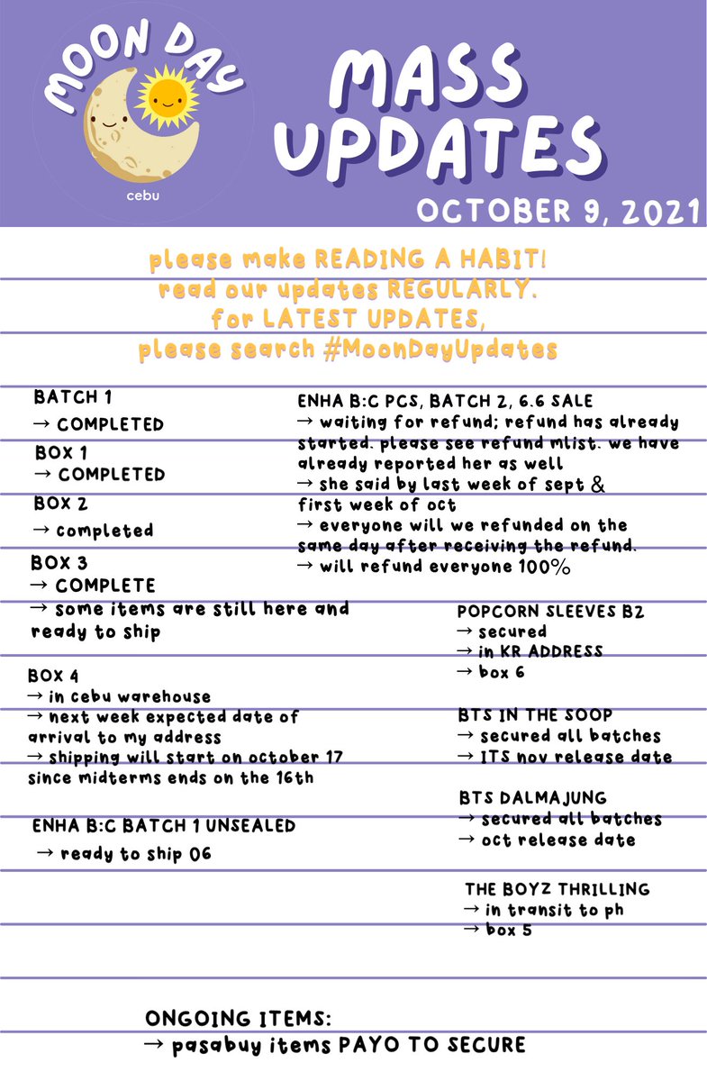 moondaycebu's tweet photo. #MoonDayUpdates
mass updates for october 9, 2021. please do expect very slow replies due to midterm examination. for bits vod buyers, accounts will be released on the 12th. https://t.co/xIluIv3SGu