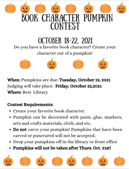 BestElemLibrary's tweet photo. Our first book character pumpkin decorating contest will be happening soon. Will you join in the fun? @Best_Bulldogs @Alief_Libraries https://t.co/KEOoclLftM