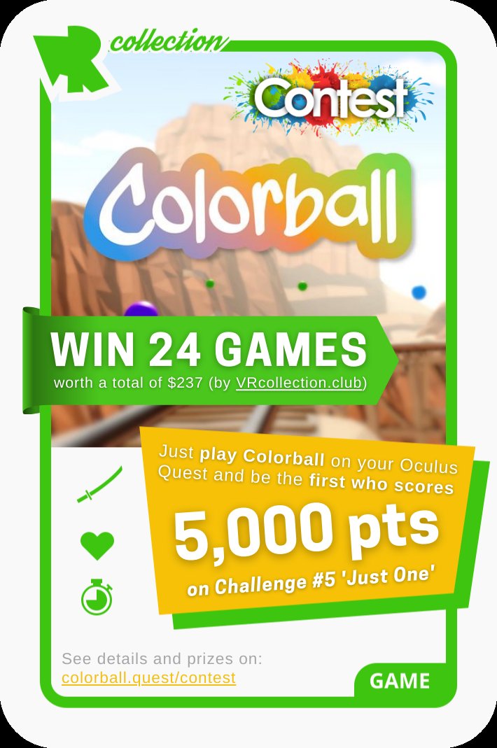 Let the #ColorballContest begin 🏆🥳

Just play colorball.quest on your #OculusQuest and be the first who scores 5,000 pts on challenge 5 ('Just One') to win 24 #VR games (sponsored by <a href="/vr_collection/">VR Collection</a>)

For more details and prizes see:
ColorballVR.com/contest

<a href="/SideQuestVR/">SideQuest 🎊 🎉</a>