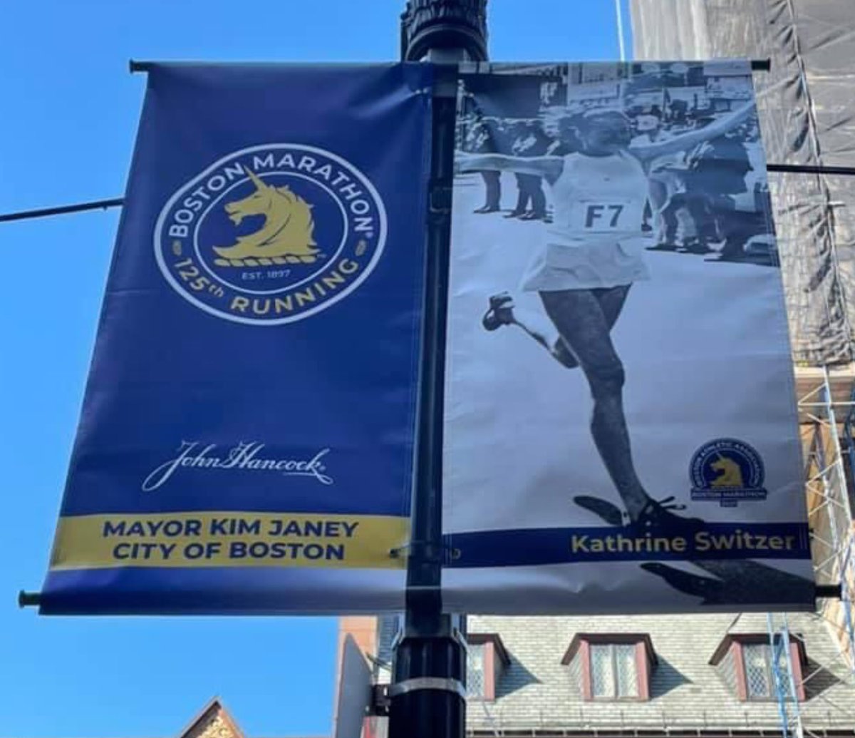 KVSwitzer's tweet photo. My banner and my heart are at the @BostonMarathon finish line today and with @261Fearless Charity Members! So grateful for you all and wish I could be there with you in person. #BeFearlessBeFree
#261Fearless #RunTo125 #BostonMarathon
#AdidasWomen #AdidasRunning #adidas #peloton https://t.co/AcDA4krT1Q