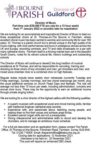 CaiThomasOffic1's tweet photo. 🌟🎶St Thomas -on-The Bourne is looking for a new Director of Music!🎶
If you’re an accomplished and inspirational Director of Music and have the passion to continue to develop our brilliant choirs, get in touch now! See below… @rob_lewis_music @lole_simon @sim_4 @ClassicFM https://t.co/zTNcQQZtjT