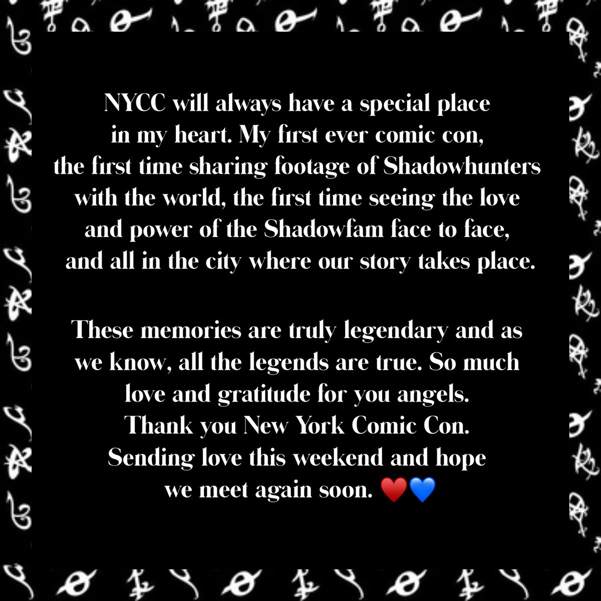Kat_McNamara's tweet photo. #NYCC with the #Shadowfam. ❤️💙 Thank you angels and @NY_Comic_Con for all the legendary memories - and as we know… all the legends are true… #shadowhunterslegacy https://t.co/azcE6IMonL