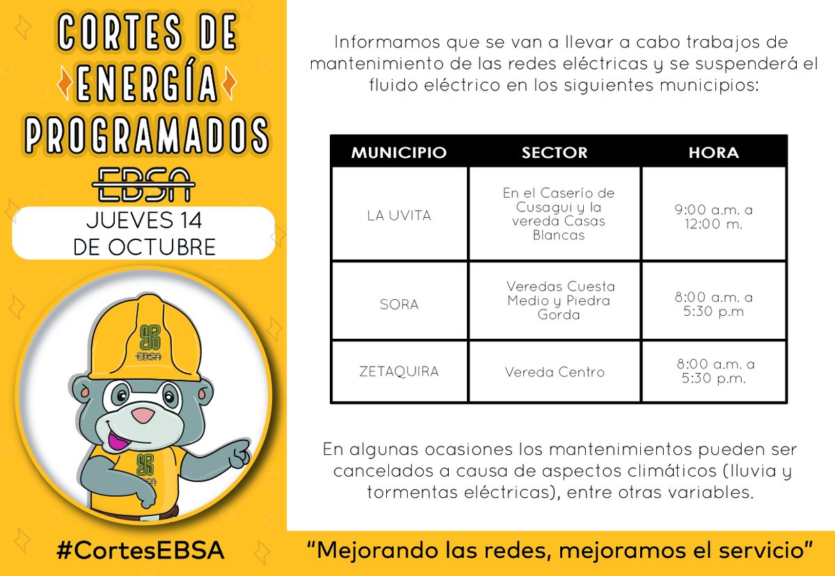 EBSApuraenergia's tweet photo. 🕯 #CortesEBSA ǁ Entérate de las suspensiones programadas por mantenimiento e instalación de redes #Jueves 14 de Octubre #Prográmate 🔦Infórmate: https://t.co/G3casHhkwL https://t.co/j8YPSTeGXd