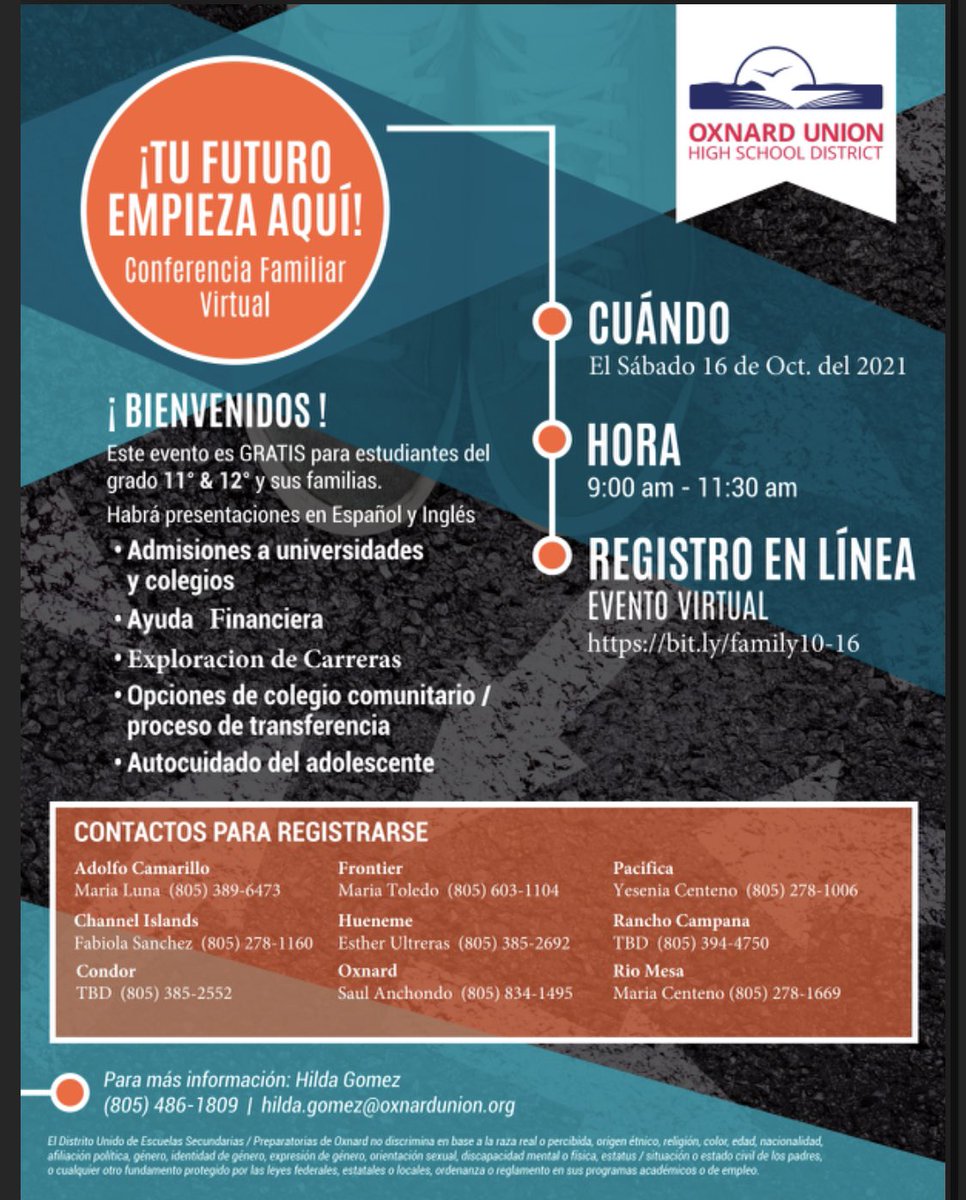 Maria Reveles (@revelesm) on Twitter photo Conferencia familiar próximo sábado 16 de octubre. Nunca es muy tarde o muy temprano para pensar en todas esas oportunidades en las universidades. <a href="/hhs_viking/">Hueneme HS</a> <a href="/OxnardUnion/">OxnardUnion</a> Conferencia familiar próximo sábado 16 de octubre. Nunca es muy tarde o muy temprano para pensar en todas esas oportunidades en las universidades. <a href="/hhs_viking/">Hueneme HS</a> <a href="/OxnardUnion/">OxnardUnion</a>