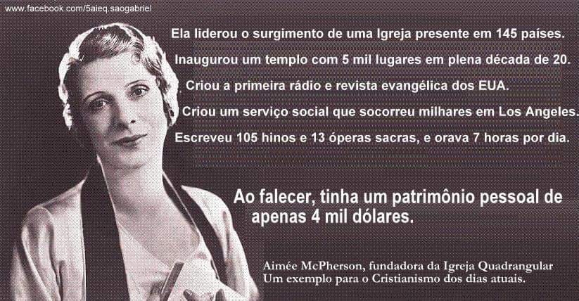 CludioMoacirMo1's tweet photo. Hoje fazem 131 anos do nascimento da missionária Aimée Semple McPherson, fundadora da Igreja do Evangelho Quadrangular. Vivendo no auge dos anos 20, impactou os EUA e o mundo como pregadora, apesar do machismo dos historiadores pentecostais que até hoje minimizam sua relevância. https://t.co/qC6idXBoRZ