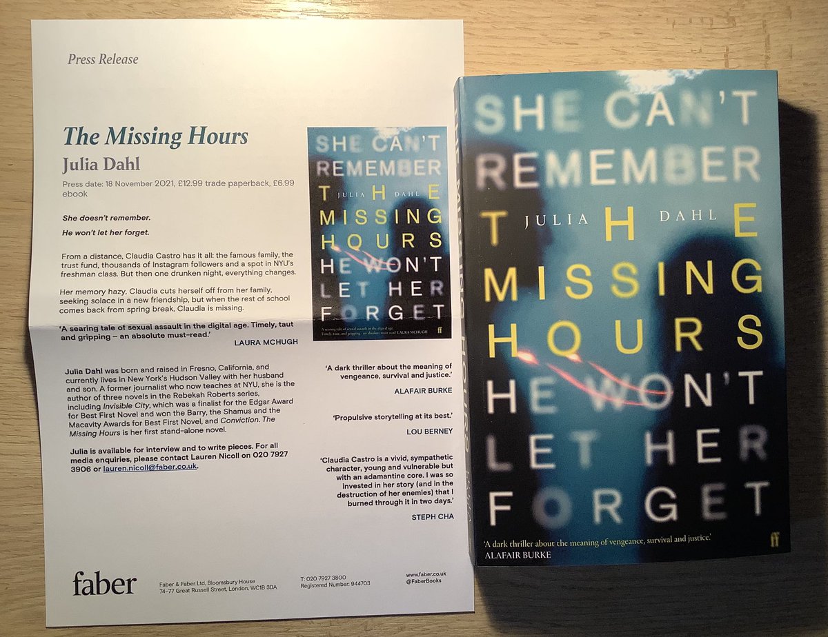 Lindahill50Hill's tweet photo. Woo. I wasn’t expecting this @juliadahl #TheMissingHours #bookpost but it looks amazing. Thank you very much indeed Lauren Nicoll @FaberBooks for sending me a copy. https://t.co/JDZiDCGQq0