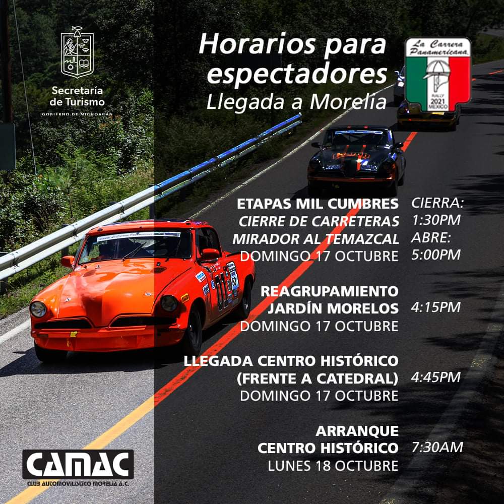CAMACrally's tweet photo. 🏁 ¡La Carrera Panamericana de vuelta en Morelia! Disfruta de este prestigioso evento internacional en los siguientes horarios:

⚠ Respeta en todo momento las indicaciones de los oficiales. https://t.co/qf76DLyIFt