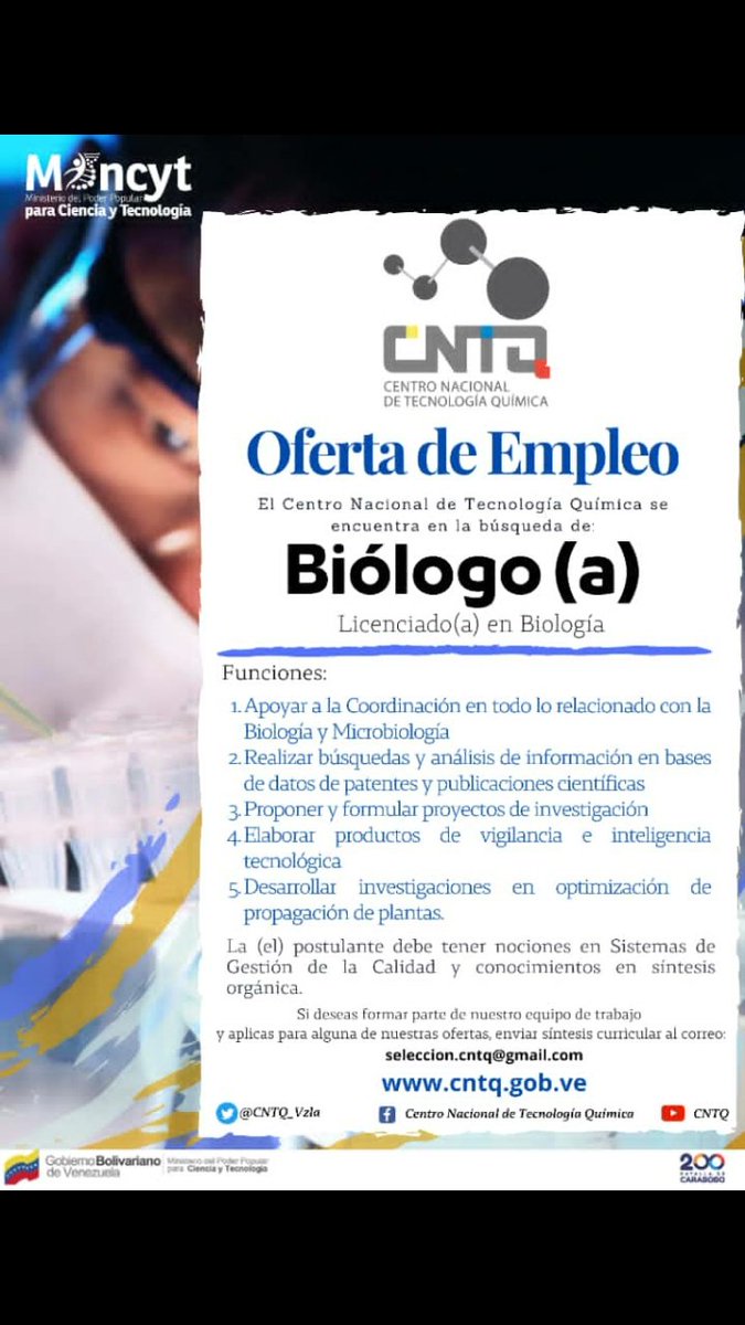 CNTQ_Vzla's tweet photo. OFERTA DE EMPLEO👇🏼👨🏽‍🔬👩🏻‍🔬

Buscamos profesionales en el área de: 

Ingeniero(a) Industrial 
Químico(a)
Biólogo(a)
Tecnólogo(a) de Alimentos 
Biólogo(a) Marino
Ingeniero(a) Ambiental 

Envía tu síntesis curricular a seleccion.cntq@gmail.com https://t.co/DMkogtTlwS