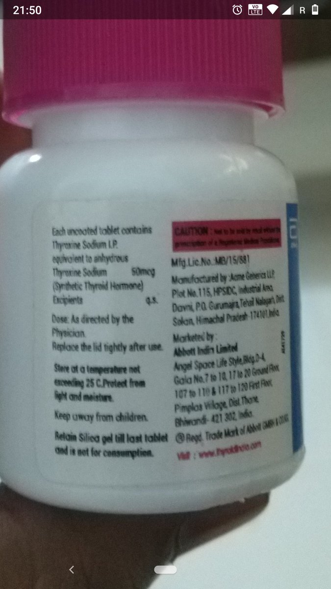 mayurblr's tweet photo. @AbbottNews you guys are playing with life of more than 1 by doing such a mistake. A pregnant woman has taken your tablet considering its 100mcg as per label however it was just 50mcg. It has caused lot many complications by increasing the TSH value to 63. I need justice. https://t.co/jyfwIElEDO