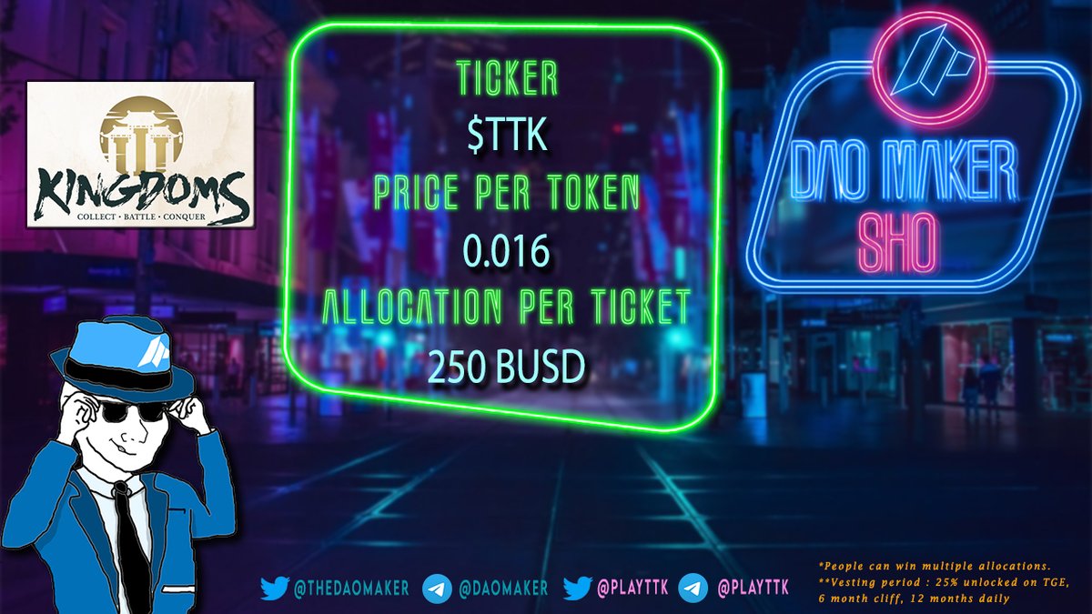 Seed SHO - <a href="/PlayTTK/">PlayTTK (Rebranded to 0xLegends)</a> 

The Three Kingdoms is a strategy combat game based on the real period of Chinese history marked with extreme conflict. 

Research Page: daomaker.com/company/3kingd…

Merit Round Details👇

Start: 11th of October 12:00 UTC

$TTK $DAO