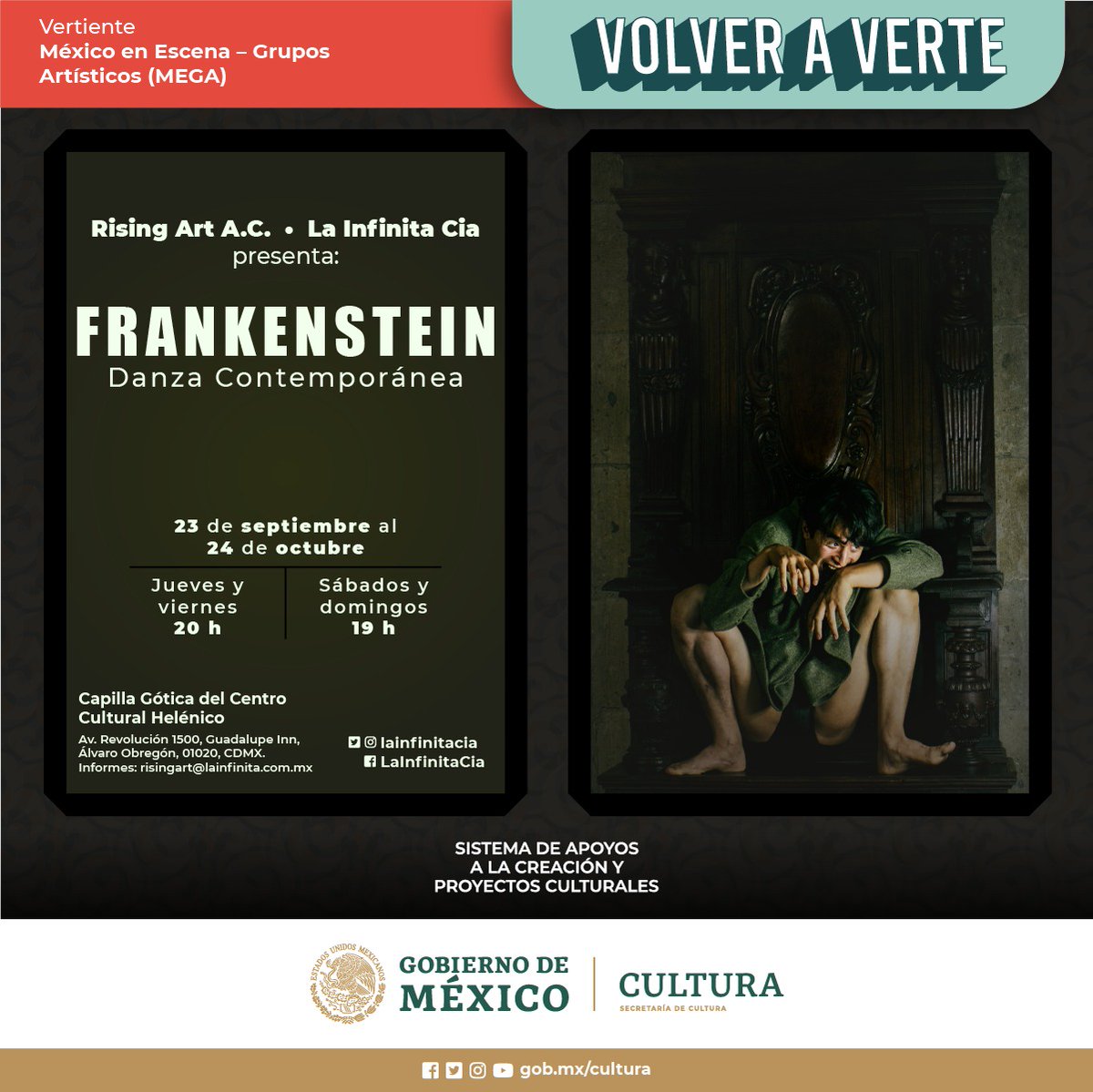 🩰¿Ya extrañas los teatros? Asiste a “Frankenstein”, una propuesta de danza contemporánea de <a href="/lainfinitacia/">La Infinita Compañía</a> que se presenta en la Capilla Gótica del <a href="/Helenico/">Centro Cultural Helénico</a>. ¡No te la pierdas!

📅Hasta el 24 de octubre

#VolverAVerte