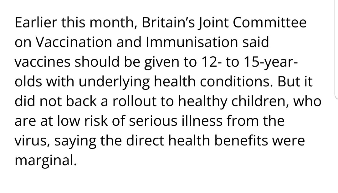 Need_Governance's tweet photo. @Dirtleftkiller From your article, they also started this would only have marginal health benefits, and are still only recommending it for kids with underlying conditions. https://t.co/cC8iqmpqJ3