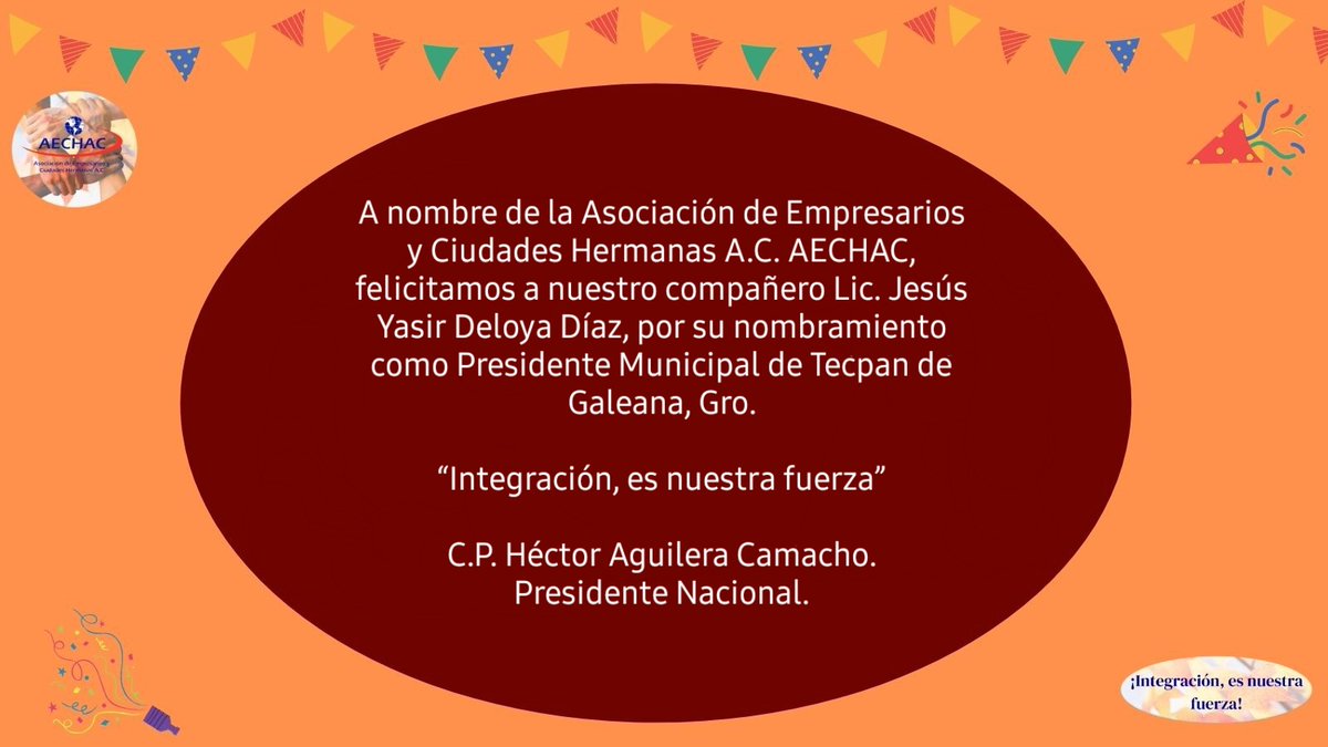 AECHACNacional's tweet photo. A nombre de AECHAC, felicitamos a nuestro compañero Lic. Jesús Yasir Deloya Díaz, por su nombramiento como Presidente Municipal de Tecpan de Galeana, Gro.
“Integración, es nuestra fuerza”
C.P. Héctor Aguilera Camacho.
Presidente Nacional.
@YasirDeloya
#aechac #presidentemunicipal https://t.co/93I7UPxn9a