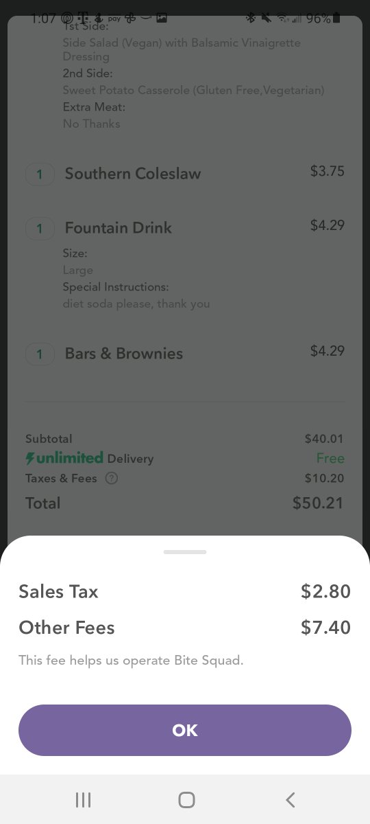 Hudsontheboy's tweet photo. @bitesquad why am I paying a monthly fee for unlimited just to be charged $10 in "fees" for one order.  What a rip off. https://t.co/B09tbtJtvC