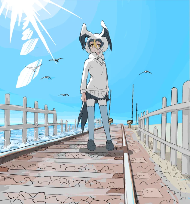 線路に立つアオツラカツオドリ 