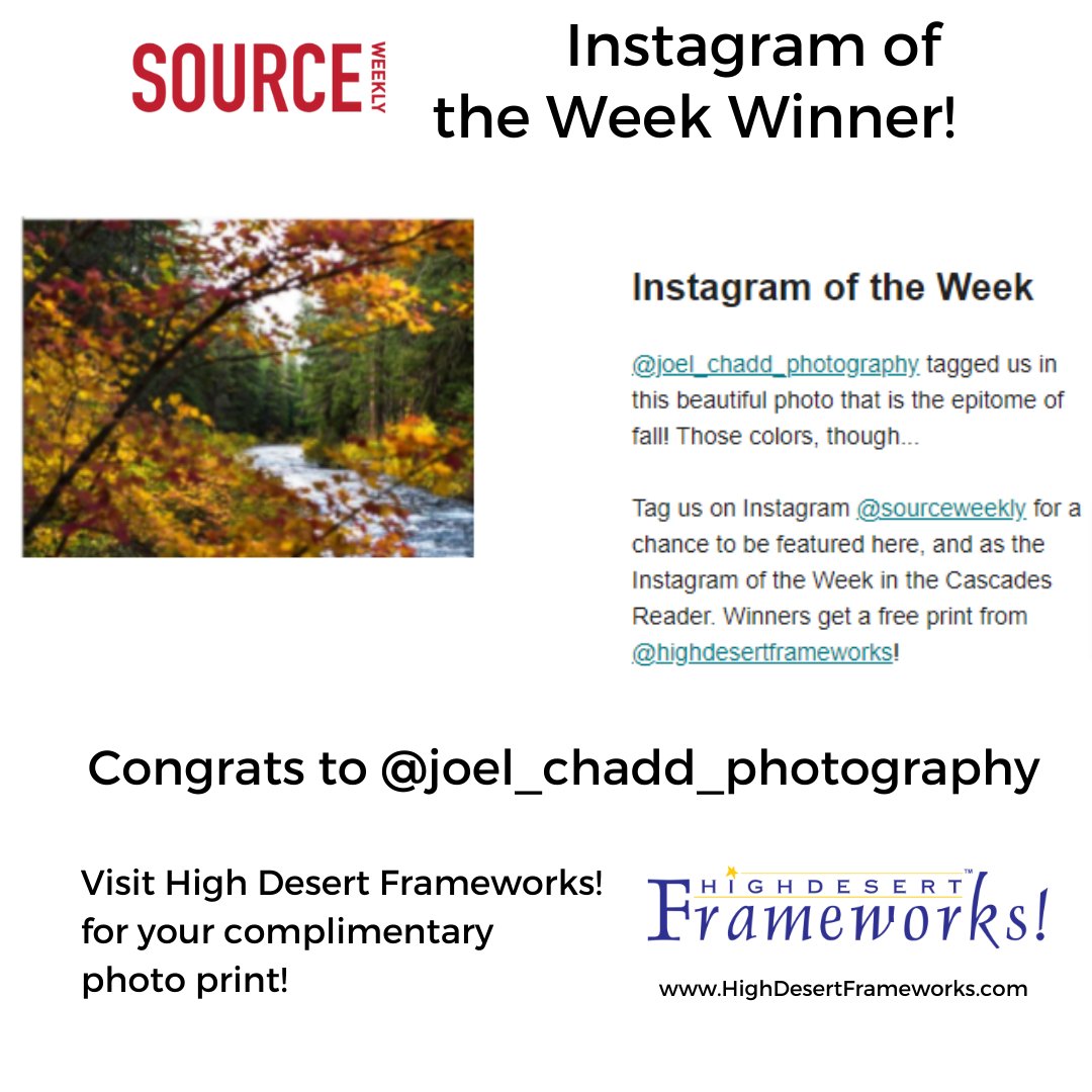 HDFRAMEWORKS's tweet image. We know this guy! Happy Dance! Another great Instagram of the Week winner from @sourceweekly. This week&apos;s winner: @joel_chadd_photography! Joel, come on down and claim your photo print from High Desert Frameworks.  Congrats!⠀bit.ly/ComeFrameWithUs #IGWSourceWeekly #inbend