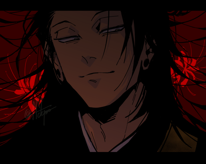 getou suguru 1boy male focus solo black hair red background long hair spider lily  illustration images