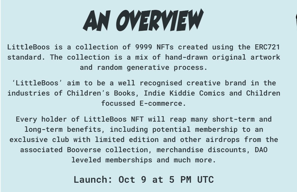 🚨Minting for <a href="/littleboosnft/">LittleBoos</a> just went live! 🚨

I've been following this one for a while &amp; respect their approach. Supported by <a href="/MoonBootsCap/">Andrew</a> w/ a roadmap to provide strong utility to #NFT holders.

Halloween szn 🎃 - I'll be minting a few! 

LFG 🚀

littleboos.com/theearlyboosmi…