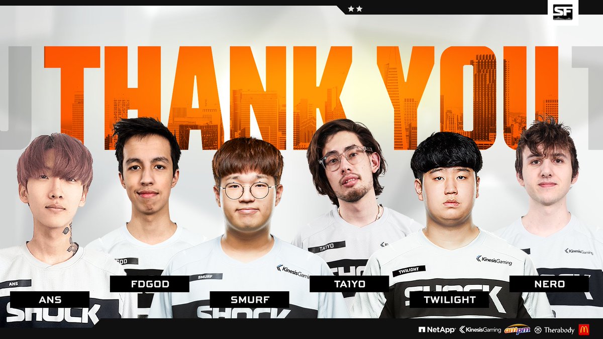 Today we are saying goodbye to Smurf, Ans, Twilight, Ta1yo, Nero, Glister, and FDGod. They may be leaving us now, but #ShockFam is forever, and today is a celebration of all the joy these players have brought to us 🧡 Thank you for giving us your all.