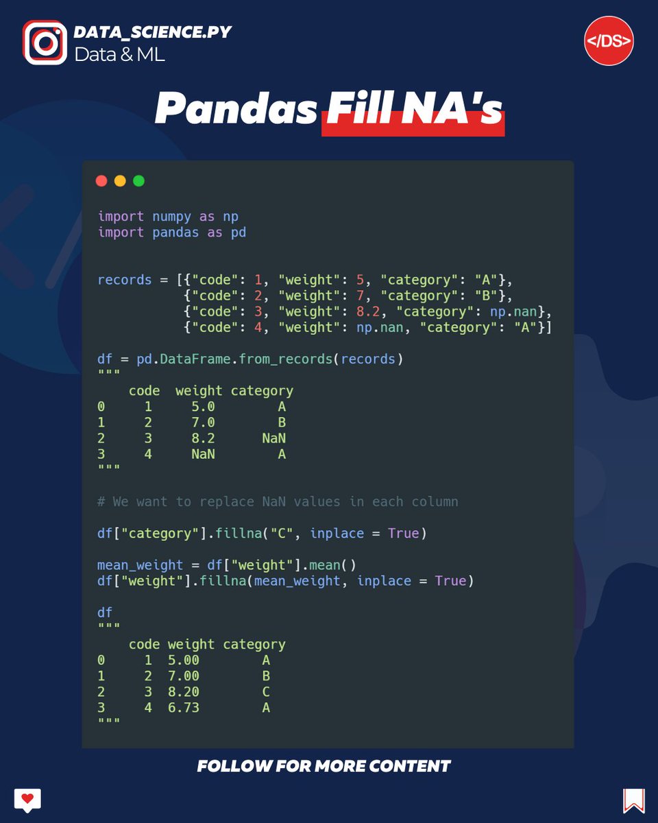 Data_Sciencepy's tweet image. Null Values? No problem🐼
If you like to know more about #Python and #DataScience check my posts and follow
#pythonlearning #pythonpandas #coder #coderlife #pythontutorial #pythontips #pythontraining #pythontricks #code #codingpics #javascript #cienciadedados #programacion