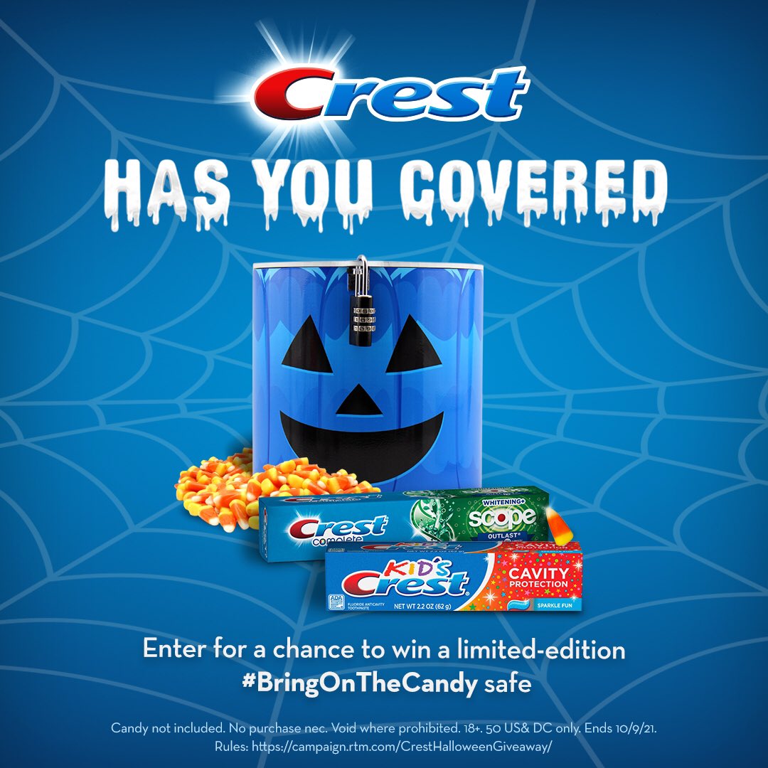 Crest's tweet image. Your kids will thank you when you have your candy & teeth protected w/ Crest’s #BringOnTheCandy Safe & Paste! 💙 To enter, post a pic on Instagram why your family loves us & why you want a Safe🎃 Use #BringOnTheCandy, #sweepstakes & tag @Crest Rules: spr.ly/6010JHlt0