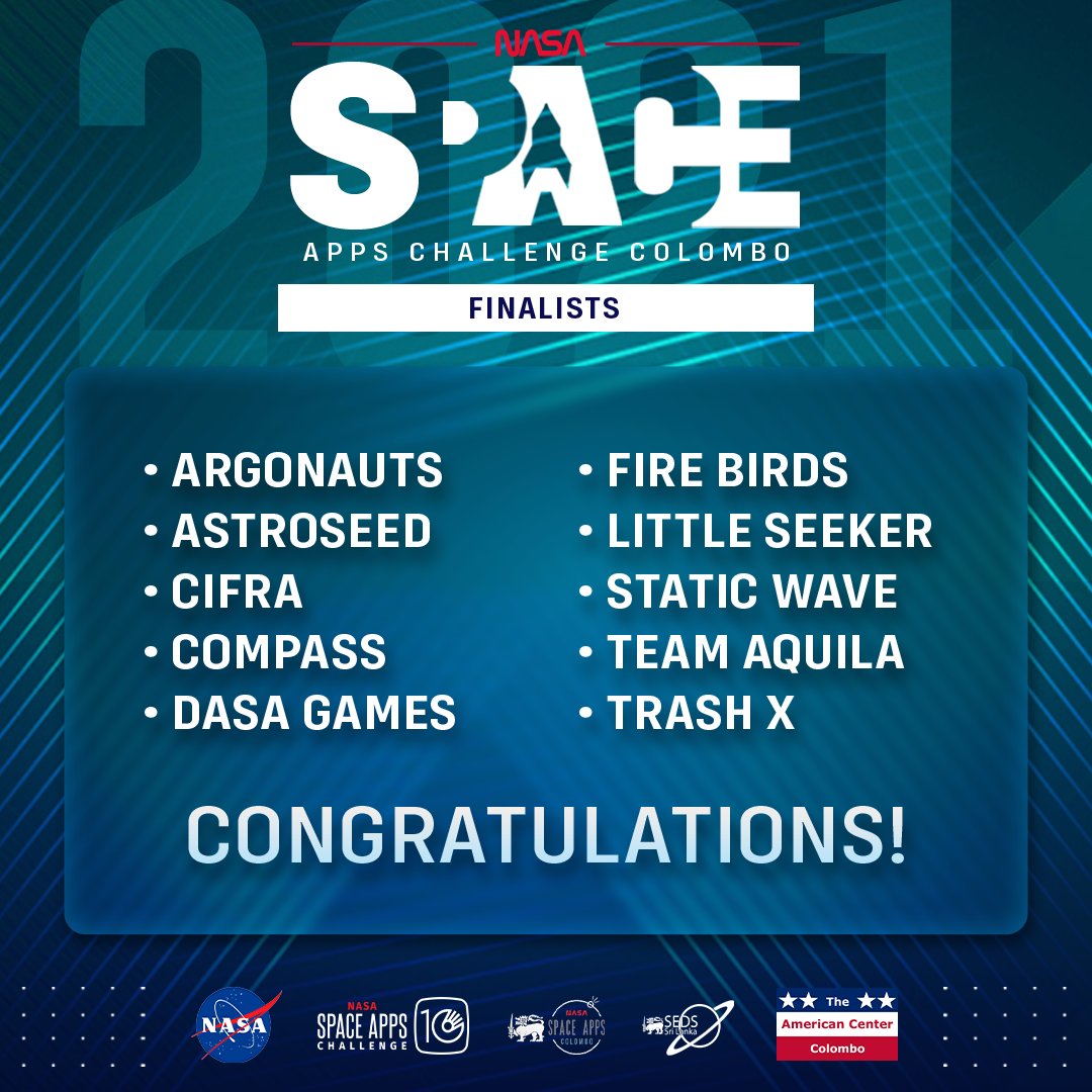 SpaceAppsLK's tweet image. We are delighted to announce the Top 10 teams of the NASA Space Apps Challenge Colombo 2021!  ☄️✨

Good luck on your space mission! 🚀

We also want to extend our heartfelt gratitude to all of the teams who participated in the hackathon.👏💫

#NASA 
#SpaceApps
#SEDSSL